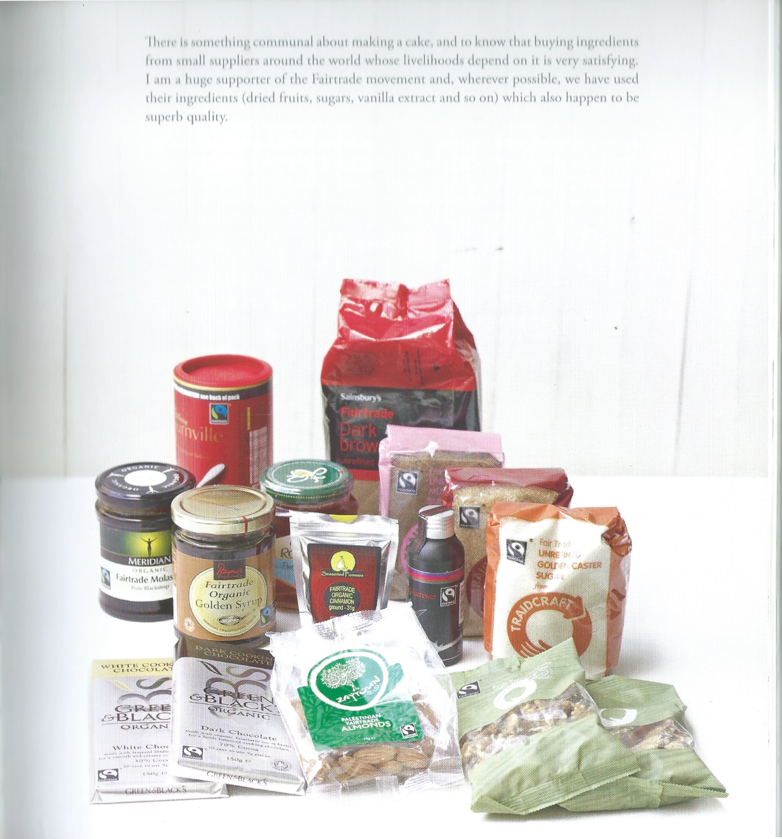 page from Delia Smith baking book listing fair trade ingredients